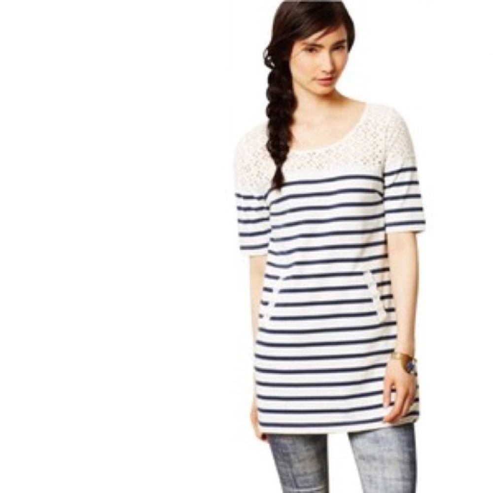 Anthropologie Eyelet Stripe Tunic Top + Pockets, M